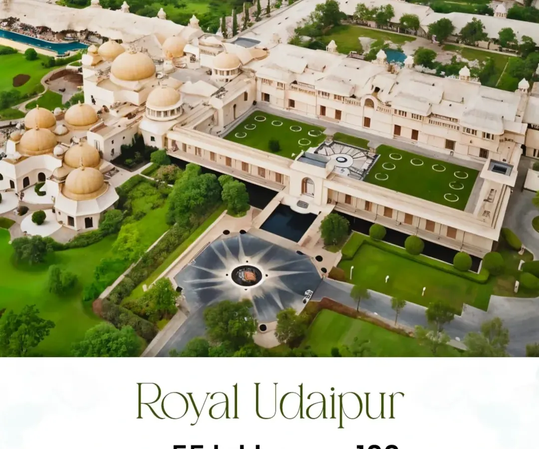 If a royal palace wedding is your dream, I make it happen. This is an aerial view of a majestic Udaipur property where we can host a regal celebration for 100 guests, with packages starting from 55 lakhs, including decor, rooms, and meals.