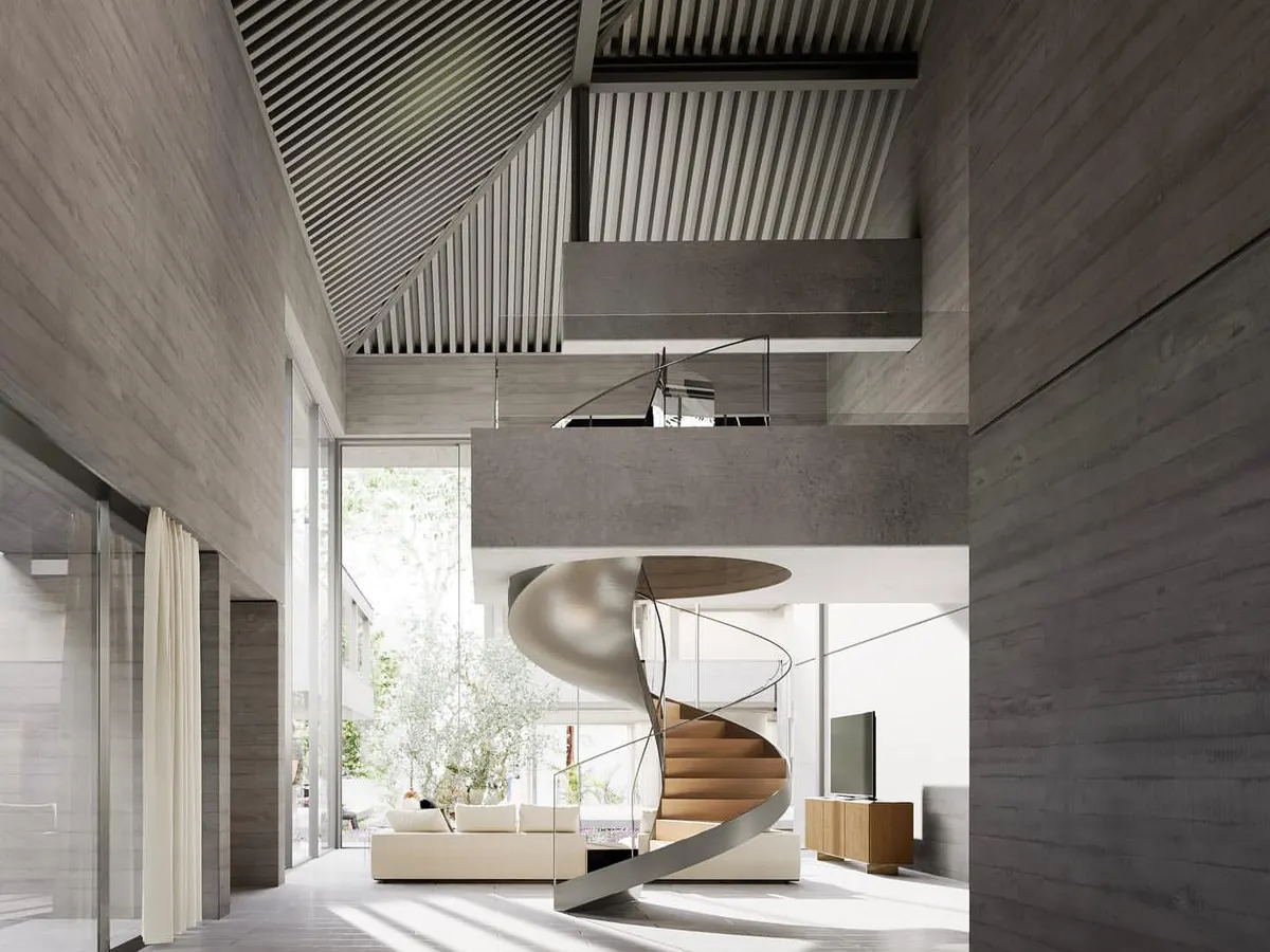 A digital visualization of an upcoming residence in Moradabad. This interior view highlights a key feature: a sculptural spiral staircase that acts as a central organizing element within a double-height living space, all rendered in exposed concrete.