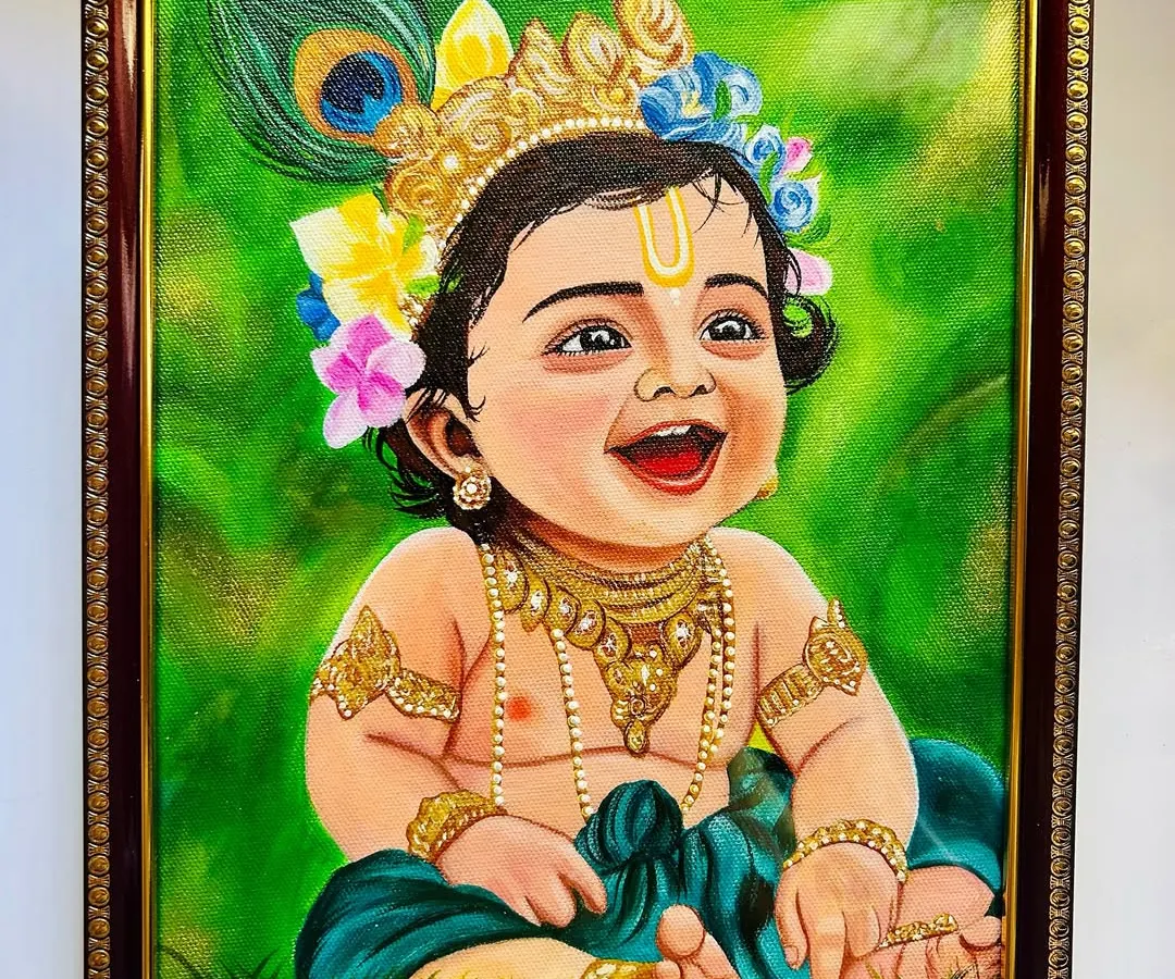 The pure, infectious joy of Bal Krishna is something I love to paint. This framed acrylic painting captures his divine laughter and playful spirit. It's a perfect piece to add vibrant, positive energy to a nursery, mandir, or any corner of your home.