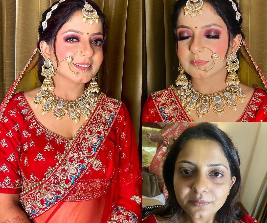This is what it's all about: a stunning transformation. I focused on evening out the skin tone for a smooth canvas, accentuating the eyes with a dramatic smoky look, and adding a pop of color to the lips. The result is a complete bridal look that is both glamorous and elegant.