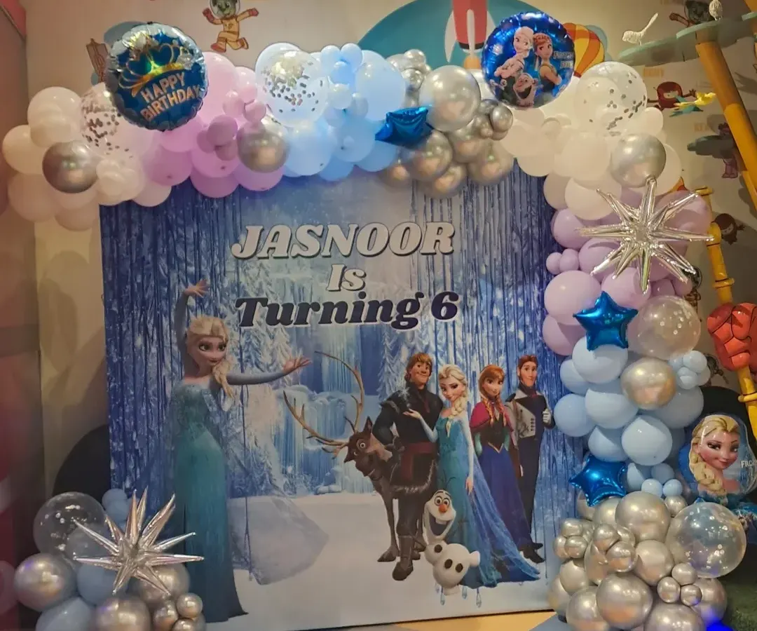 We bring fantasies to life with our fully themed party decorations. This Frozen-themed setup, complete with a custom backdrop and balloon arch, created a magical winter wonderland for Jasnoor's 6th birthday.