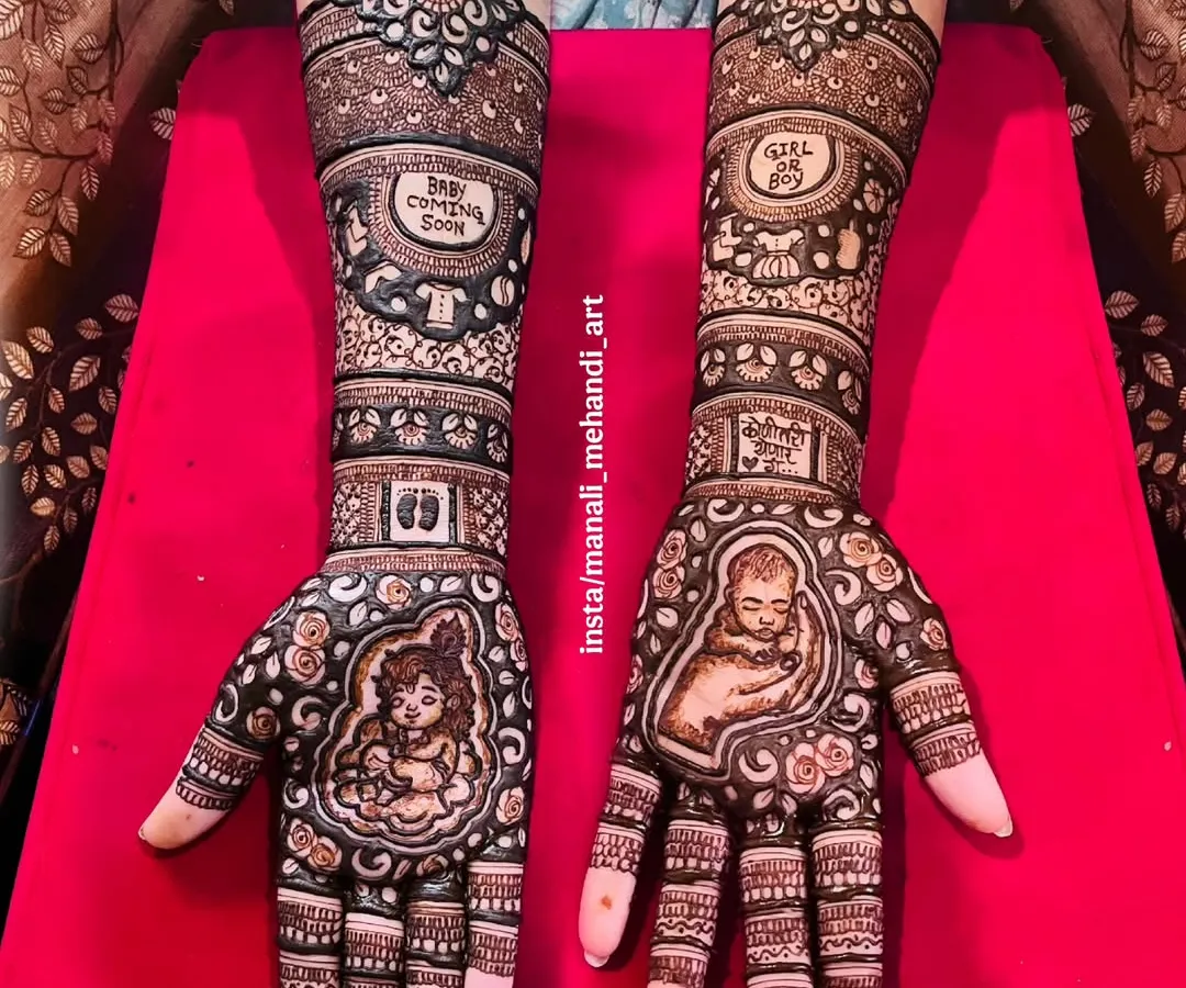 A complete baby shower mehandi design for a mother-to-be. The artwork includes portraits of baby Krishna and a sleeping newborn, along with fun elements like 'Baby Coming Soon' and 'Girl or Boy'.