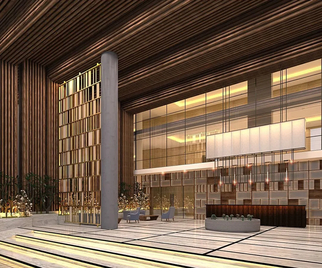 This 3D render showcases our design for a grand entrance lobby in a Yelahanka commercial property. We focused on creating a sense of scale and sophistication with double-height ceilings, rich wood textures, and layered lighting to welcome visitors.