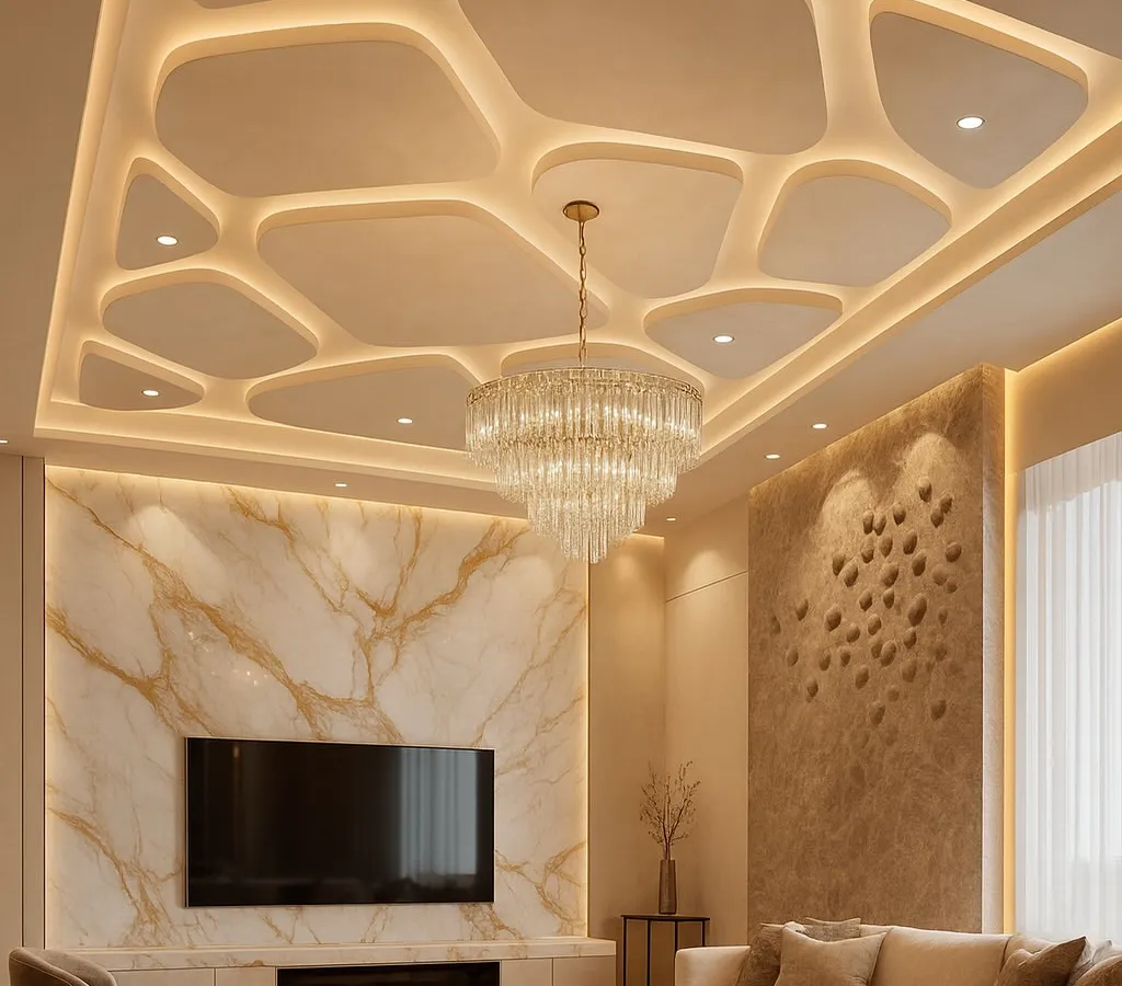 A glimpse into a luxurious living room we designed, featuring a custom gypsum false ceiling with organic curves and integrated cove lighting. The design also includes a marble-finish TV wall panel and carefully selected furniture to create a cohesive, high-end look.