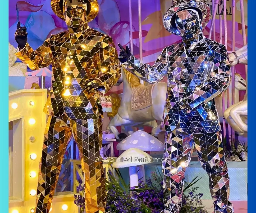 Meet the Mirror Men. Available in brilliant gold and silver, these performers are perfect for welcoming guests, energizing the dance floor, and creating amazing photo opportunities.