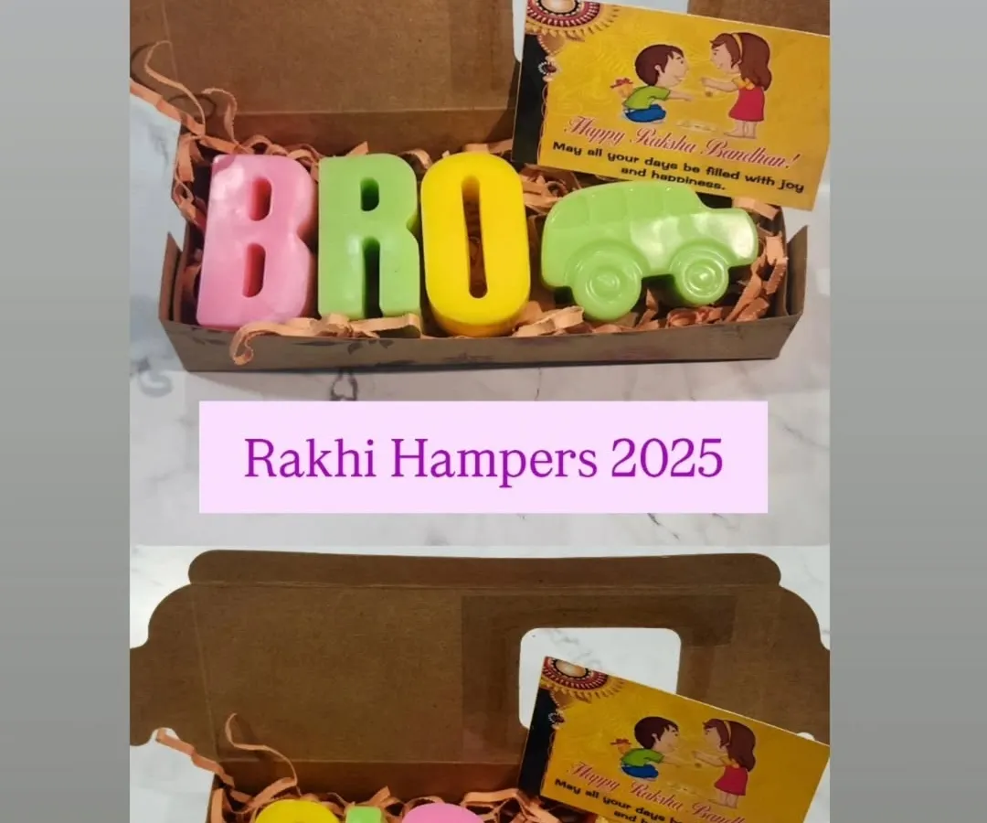 My Rakhi hampers are all about celebrating the special bond between siblings. I create these fun, personalized sets with colorful "BRO" and "SIS" soaps made from gentle goat milk, making them a unique gift for Raksha Bandhan.