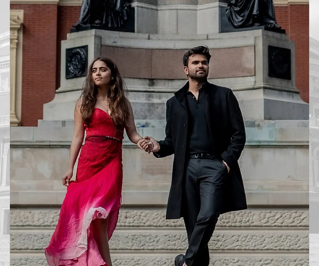 A powerful portrait set against the iconic Royal Albert Hall in London. This image showcases our expertise in destination pre-wedding shoots, blending high fashion with historic grandeur for a truly timeless feel.