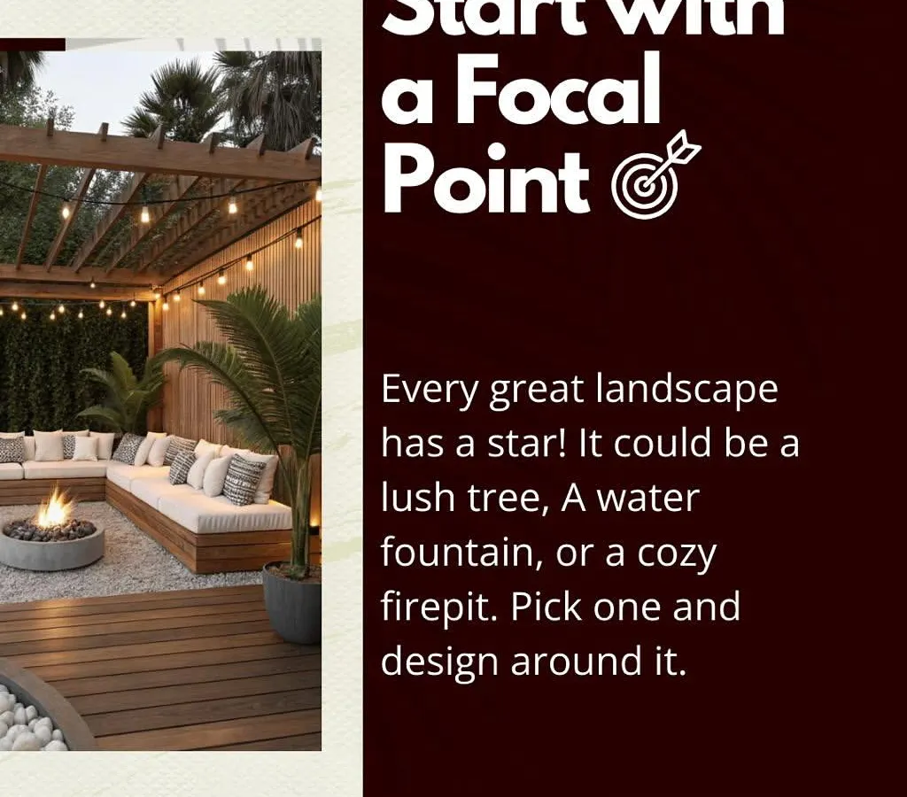 Every great landscape begins with a single, strong idea. I believe in establishing a focal point, like this inviting firepit, to anchor the entire design. Here, it is the heart of a cozy outdoor lounge, complete with a wooden pergola and ambient string lights, creating the perfect setting for relaxation and connection.