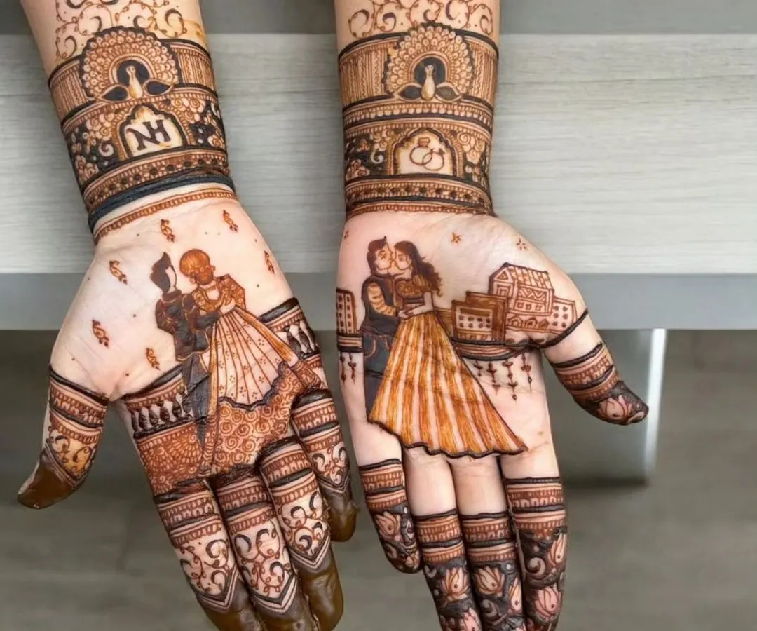 For Karwa Chauth or your anniversary, I can create personalized couple portraits right on your hands. This design tells a love story, with the couple dancing on one hand and their initials on the other, surrounded by beautiful traditional patterns.