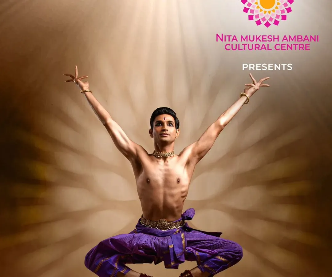 A dynamic leap captured for my performance of 'Raṅg - The Blue Color Lord' at the Nita Mukesh Ambani Cultural Centre. This pose embodies the power and grace of Kuchipudi that I strive to share in every solo recital.
