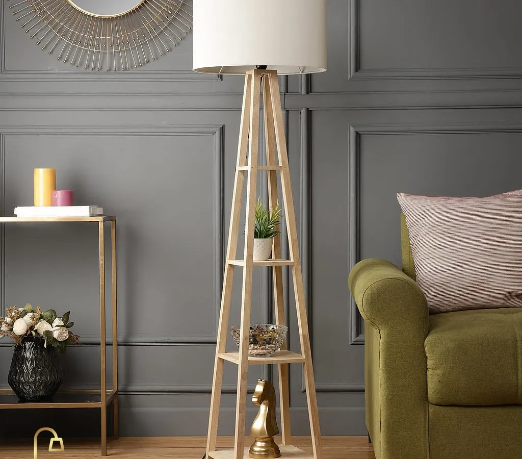 Our wooden shelf floor lamp is both a source of light and a display unit. The A-frame design in a natural wood finish includes multiple shelves, perfect for showcasing small plants and decor items, adding functional style to any corner.
