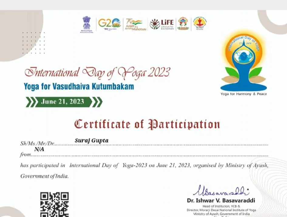 I am proud to be certified by the Ministry of Ayush, Government of India. This recognition is a testament to my dedication to authentic yoga practices and holistic wellness. You can be sure you are learning from a qualified and approved yoga professional.