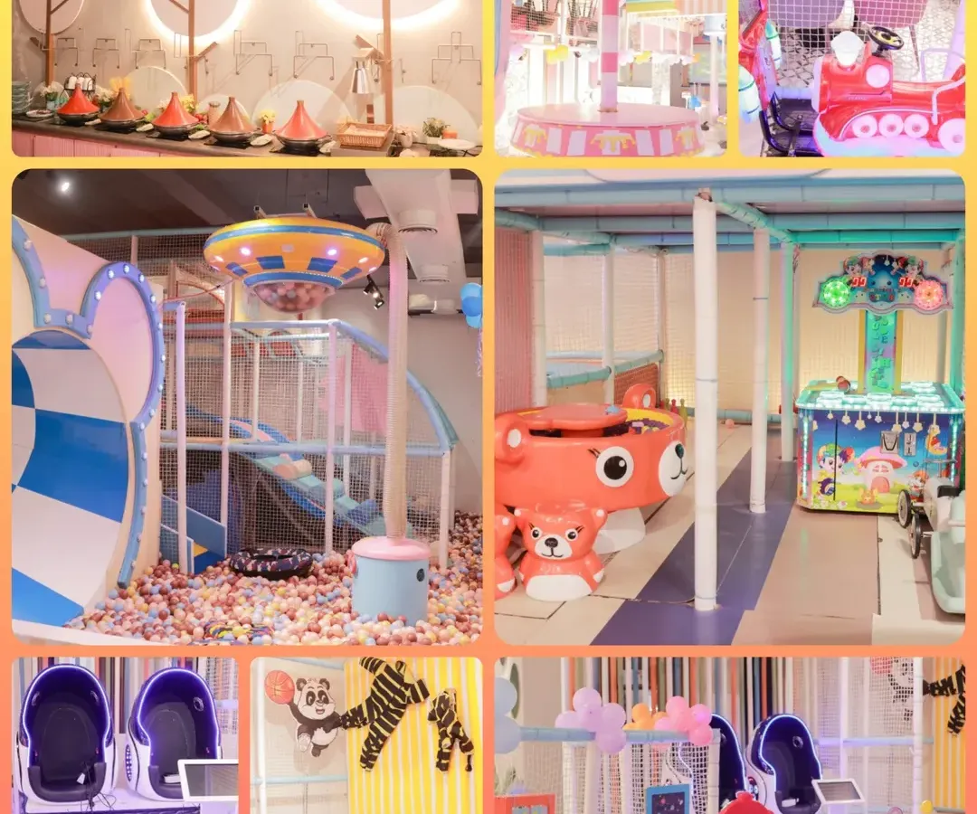 Welcome to our world of fun! This collage gives you a peek at everything waiting for you, from our massive soft play area and exciting arcade games to our yummy cafe and futuristic VR zone.