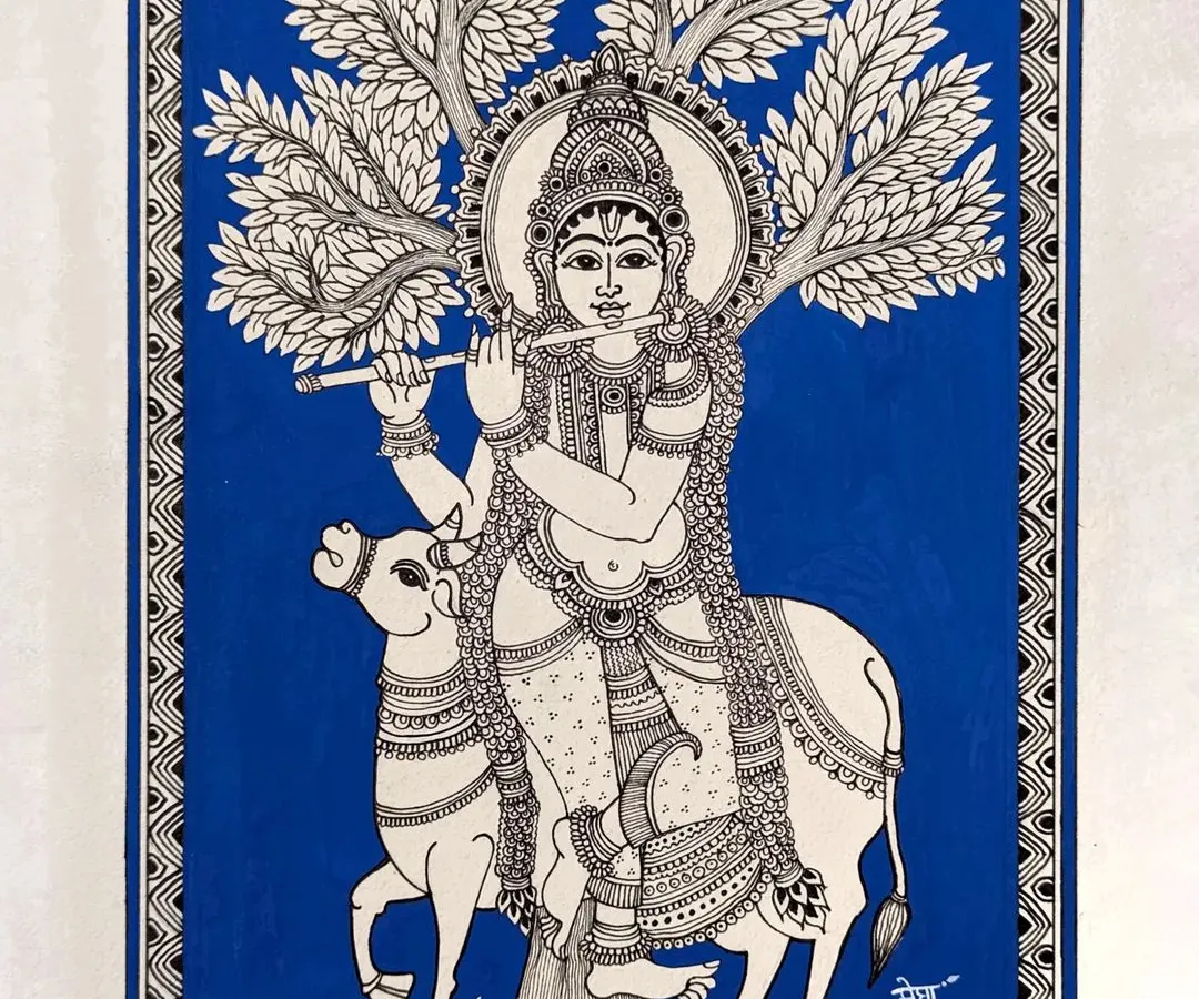"ಕೃಷ್ಣಂ ವಂದೇ ಜಗದ್ಗುರುಮ್". This is a traditional Kalamkari ink drawing of Lord Krishna, set against a bold blue background. The intricate line work and classic composition are central to my exploration of Indian heritage and spiritual art.