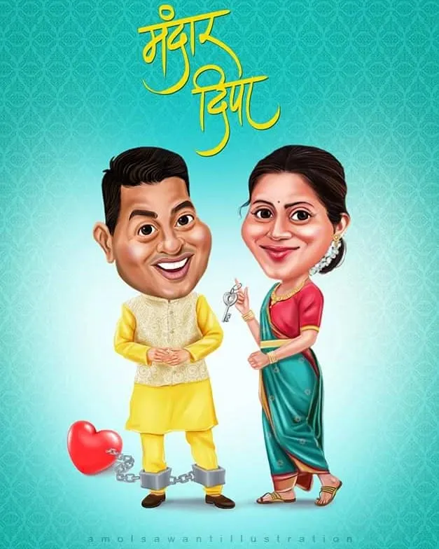 Make your wedding invitation truly unique with a custom couple caricature. This piece was designed for a Marathi wedding, showing the couple in traditional attire, ready to start their new life together. It's a fun twist on wedding stationery.