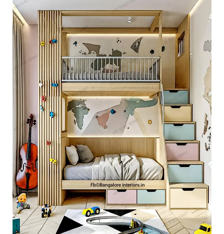 I just love creating fun and functional spaces for little ones! This bunk bed is a perfect example of smart design for a kid's room, with built-in drawers in the stairs for toys and clothes. It makes tidying up feel like a game and keeps the room clutter-free.