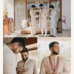 A collage showing the groom, Shivin, getting ready with his groomsmen. These moments of friendship and support are an integral part of the wedding story, captured in a candid and natural style.