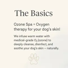 In simple terms, the Ozone Spa is like oxygen therapy for your dog's skin. I infuse warm water with medical-grade ozone (O3) to naturally disinfect, cleanse, and soothe the skin.