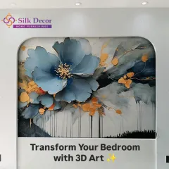A close-up of a 3D floral art piece designed for a bedroom. The abstract blue flower with golden accents creates a luxurious and calming effect, perfectly framed within an arched niche to serve as an elegant headboard backdrop.