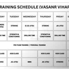 Our training schedule for the Vasanr Vihar facility. Find the right class for you, from beginners Jiu-Jitsu to kids' classes four times a week.