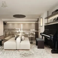 A second perspective of the minimalist living room, this view focuses on the integration of lifestyle elements like the piano and shelving. It shows how I plan spaces to be not just beautiful, but also personal and functional for the homeowner.