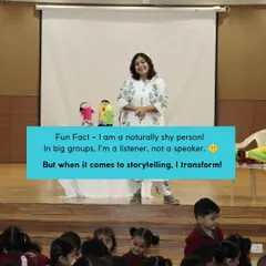 I may be a naturally shy person, but when I'm on stage telling a story, I transform. This is me in my element, using puppets and my voice to captivate an audience of young children.