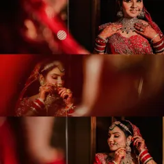 This artistic collage captures the bride's getting-ready moments. The use of reflections and close-ups on her jewelry and expressions tells an intimate story of her transformation.