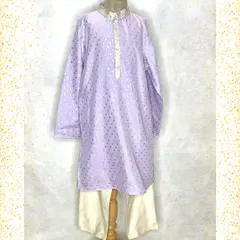 This lavender kurta features a subtle silver woven pattern and a detailed collar. It's a soft and elegant option for festive celebrations, paired here with simple cream pajamas.