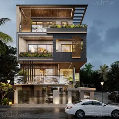 This is a visualization of a contemporary home we designed, showcasing a dynamic facade with clean lines, layered volumes, and a mix of materials like wood, concrete, and perforated metal screens. We focus on creating exteriors that are not just visually striking but also integrate greenery and privacy through features like recessed balconies.
