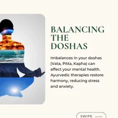 Your mental state is deeply connected to your physical health. In Ayurveda, we understand this as the balance of the three doshas: Vata, Pitta, and Kapha. This visual represents how imbalances can affect your mental health, and how our therapies work to restore this inner harmony, naturally reducing stress and anxiety.