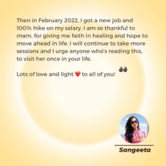 This testimonial is a powerful example of what's possible when we clear manifestation blocks. This client received a new job with a 100% salary hike after our sessions, showing how energy work can create tangible shifts in your career and finances.