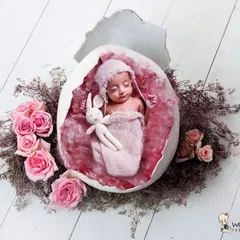 A delicate and creative newborn photo, with the baby nestled inside a cracked egg prop, surrounded by soft pink roses. This conceptual shoot is perfect for celebrating a new beginning.
