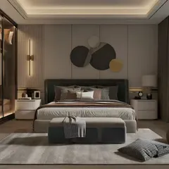 We created a calm and contemporary bedroom with a neutral color palette. The design features a large, comfortable bed with an upholstered headboard, abstract wall art, and a glass-paneled wardrobe that adds a sense of depth and sophistication.