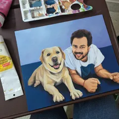Here is a hand-painted acrylic portrait capturing the special bond between a man and his best friend. I focus on the little details that bring out the warmth and personality in family and pet paintings.
