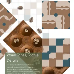 The warm, tactile color palette for the Pallankuli collection was drawn from materials associated with the game itself. We thought of terracotta floors, clay counters, and carved wood to create a surface that feels calm, grounded, and nostalgic.