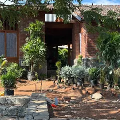 The entrance to the Kamshet farmhouse is designed as a welcoming, open-air passage. The combination of red brick, a stone foundation, and lush, layered planting creates a seamless transition from the garden to the interior spaces.