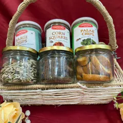A look inside one of our wedding hampers, featuring a mix of healthy baked snacks and other treats.