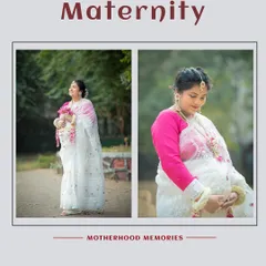A lovely collage showcasing a maternity shoot in a delicate white and pink saree, blending tradition with modern portrait photography.