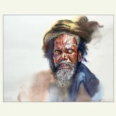 Titled 'Whisper of The Sacred Path,' this watercolour painting on paper captures a moment of deep contemplation. I used the fluid nature of watercolours to create a soft, ethereal background that contrasts with the sharp details of his weathered face.