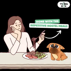 A duplicate of ID 3, showing a person tired of repetitive hostel meals. We offer a solution with our delicious and varied North Indian food.
