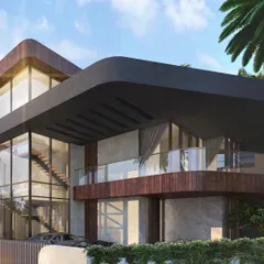 A render of a villa at Evara, Igatpuri. The modern design approach uses clean lines, natural materials like wood and stone, and large glass windows to connect the living spaces with the surrounding mountains.