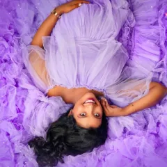 An artistic overhead view of our lavender ruffled gown. This shot shows how the layers of tulle can create a beautiful, flower-like effect around you for a unique pregnancy portrait.