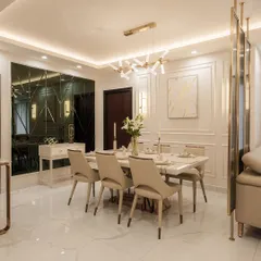 This dining space is a sanctuary of style, designed for both everyday comfort and elevated entertaining. We used a neutral palette, rich materials, and layered ambient lighting to create a space where cherished memories can be made over shared meals.