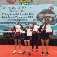 Our girls team showcasing their medals at the 4th UP State Ranking Tournament. This picture captures the success of players like Samriddhi Sharma, Suhani Aggarwal, and Anokhi Keshari, who dominated the U-17 and U-19 categories.