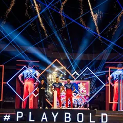 The stage is set for an electrifying RCB Unbox event. This image captures the culmination of our production design, featuring dynamic lighting, custom staging, and pyrotechnics that create a high-energy atmosphere for thousands of fans and players.
