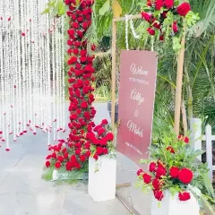 A romantic welcome for a Muhurtham ceremony. We used lush red roses, a custom welcome sign, and hanging floral strings to create a dramatic and beautiful entrance.