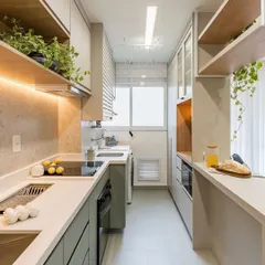 A render of a galley kitchen, demonstrating how we can create a functional and stylish space even in a narrow layout. The design uses light colors and open shelving to create a sense of spaciousness.