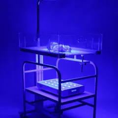 A dramatic shot of a neonatal phototherapy unit in action, with the intense blue light creating a powerful visual that highlights the product's function.
