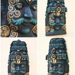 A collage of our 24-inch wooden Ayyanar wall mask, showing it from multiple angles and with a close-up on the intricate, hand-painted details on the face and mustache.