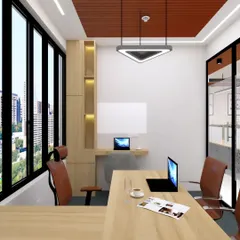 A 3D render of a director's cabin, showing a clean design with ample natural light from the large window. The layout includes the main desk, visitor chairs, and a built-in storage and desk unit for a complete, uncluttered look.